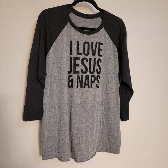Source Unknown Tops - I Love Jesus & Naps Ringer 3/4 longsleeve T in light and dark heather gray XL
